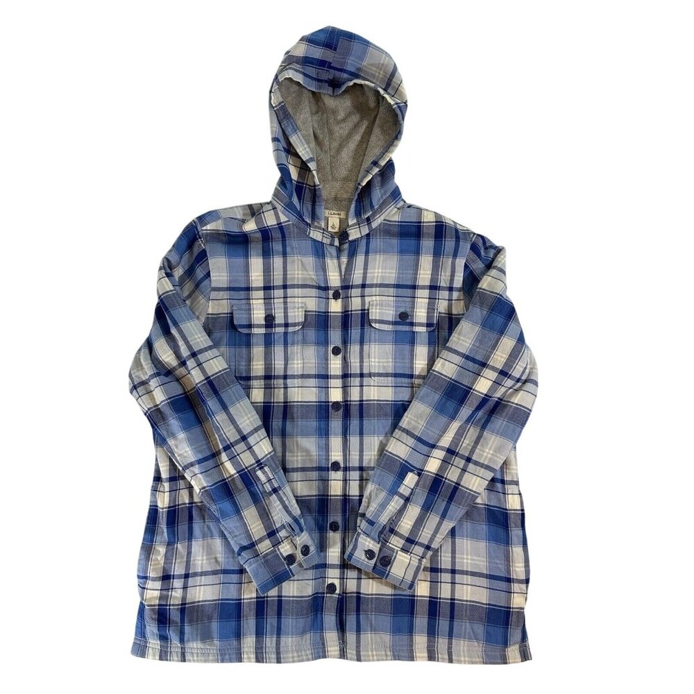 L.L. Bean Blue Plaid Hoodie Button-Up Flannel Shacket Women Size L Jacket Shirt